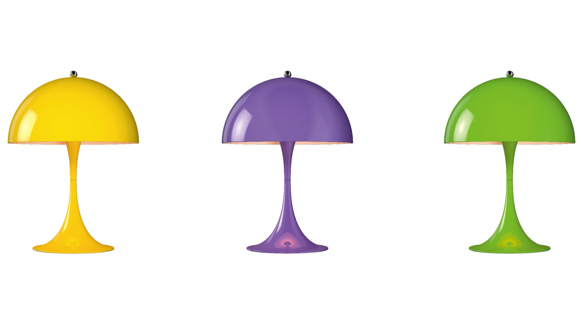 three Panthella lamps in yellow, purple, and green