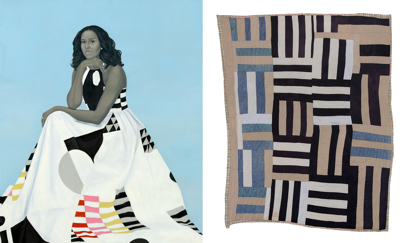 Michelle Obama portrait and quilt by Loretta Pettway