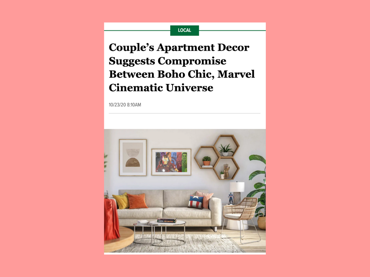 Image of The Onion article headline about Couple's Apartment Decor showing a couch with a mix of boho and Marvel universe pillows in an apartment living room