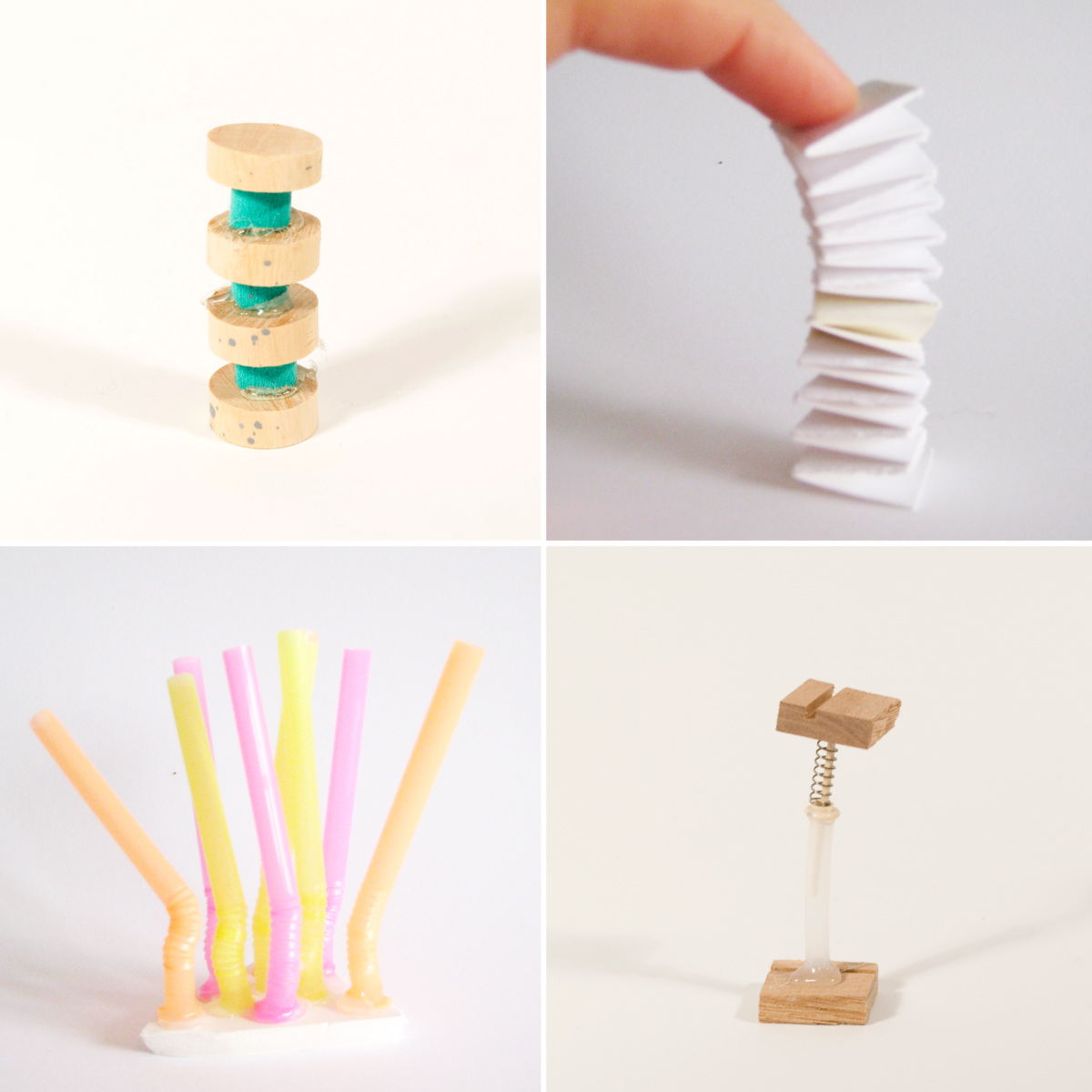 Four movement models using paper, springs, foam, and bendy straws.