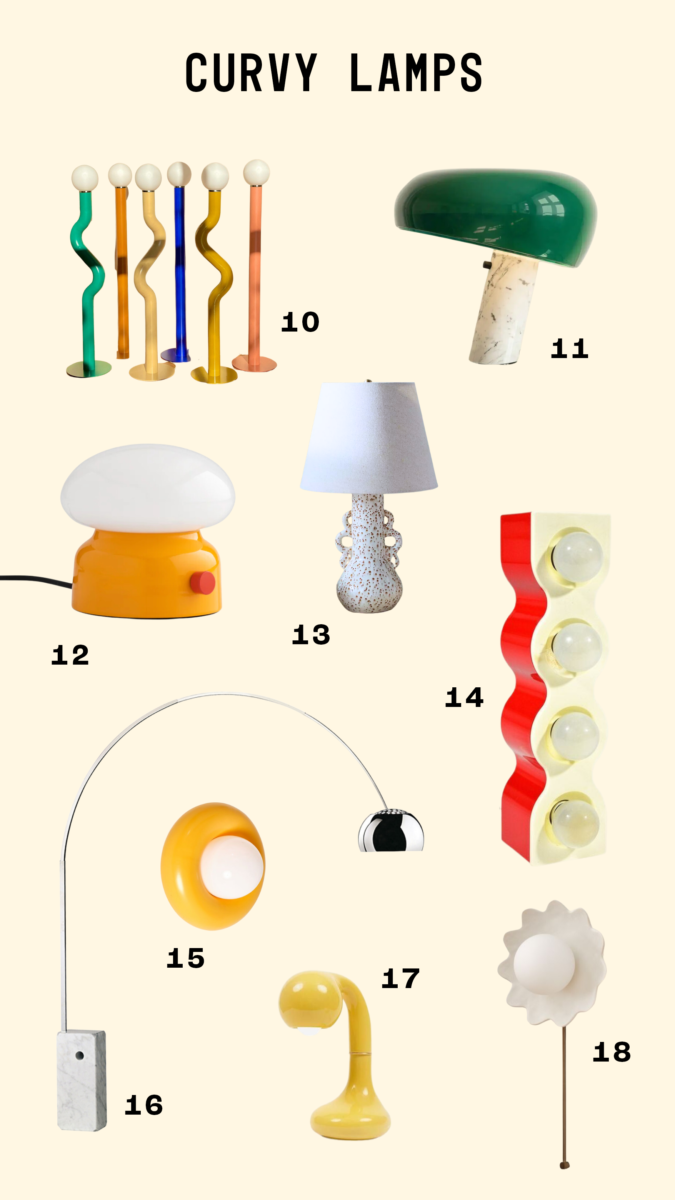 A layout of 9 curvy and colorful lamps listed in the post. 
