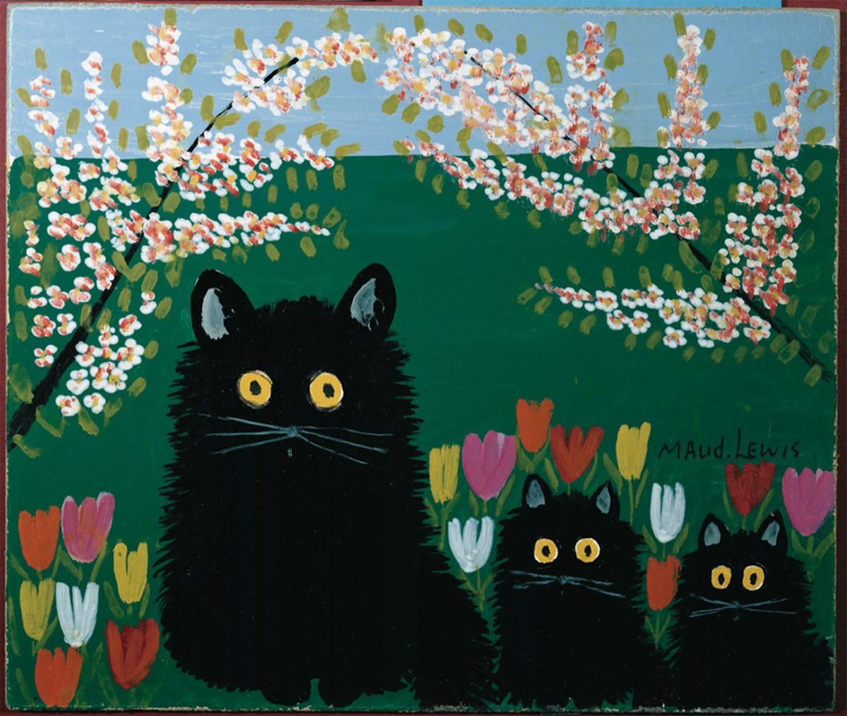 A Maud Lewis painting of three black cats in a folk art style with flowers behind.