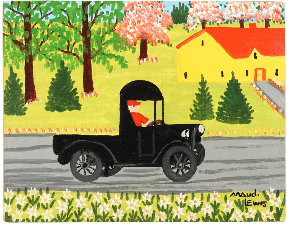 A ppainting of a black truck and a yellow house with a red roof, trees in the background.