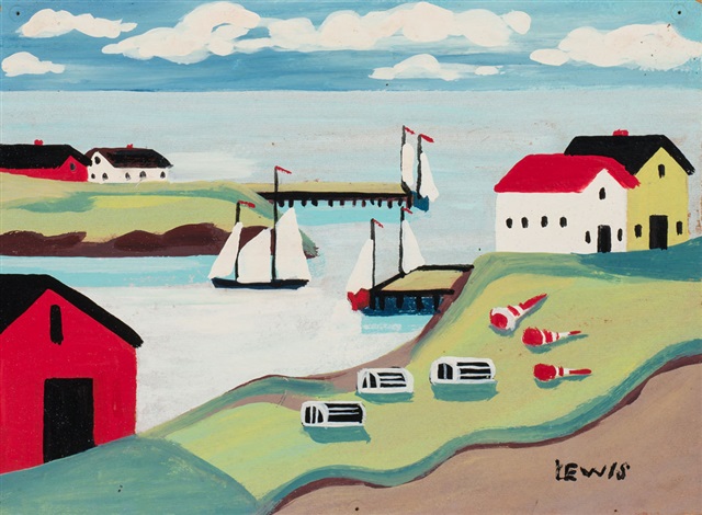 A Maud Lewis landscape featuring houses along a harbor, with sailboats and a blue sky, placid water, and puffy clouds. 