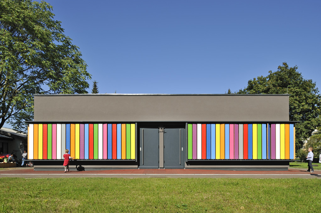 A school lined with colorful louvers
