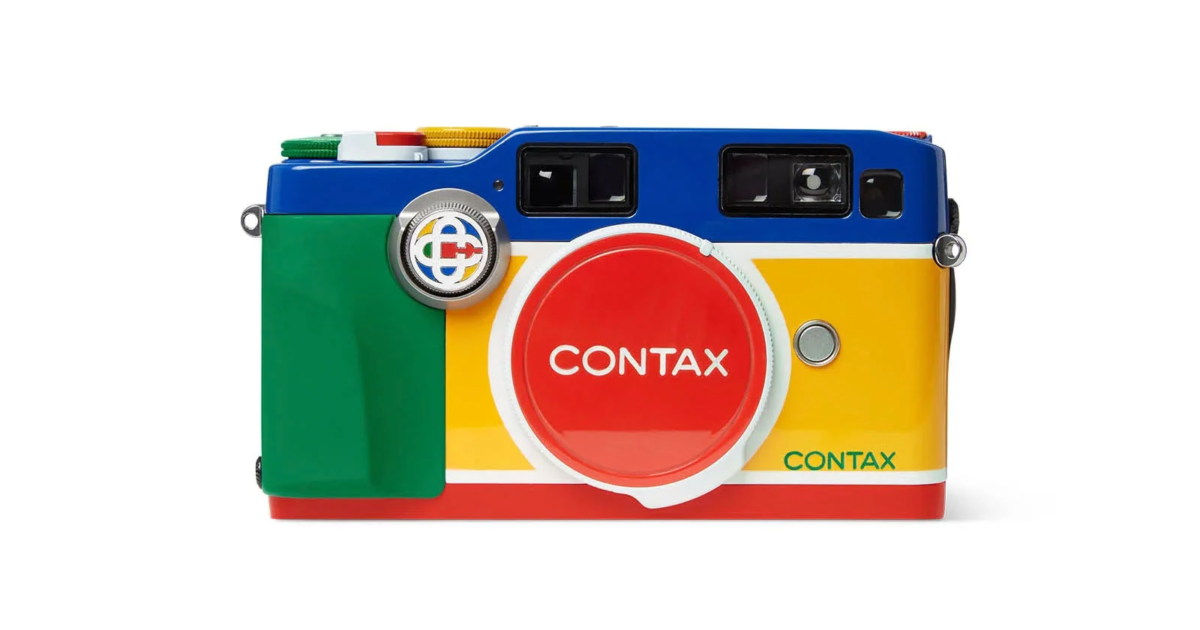 A contax camera covered in panels of bright primary colors. 