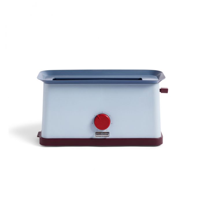 A two toned blue toaster with a red dial. 