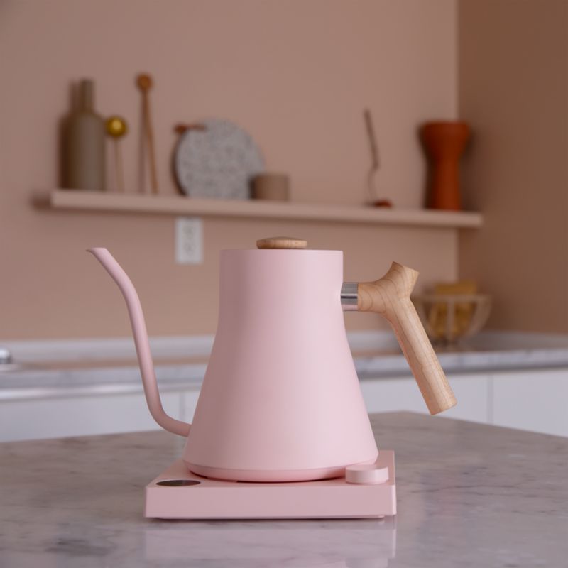 Pink electric kettle with maple handle