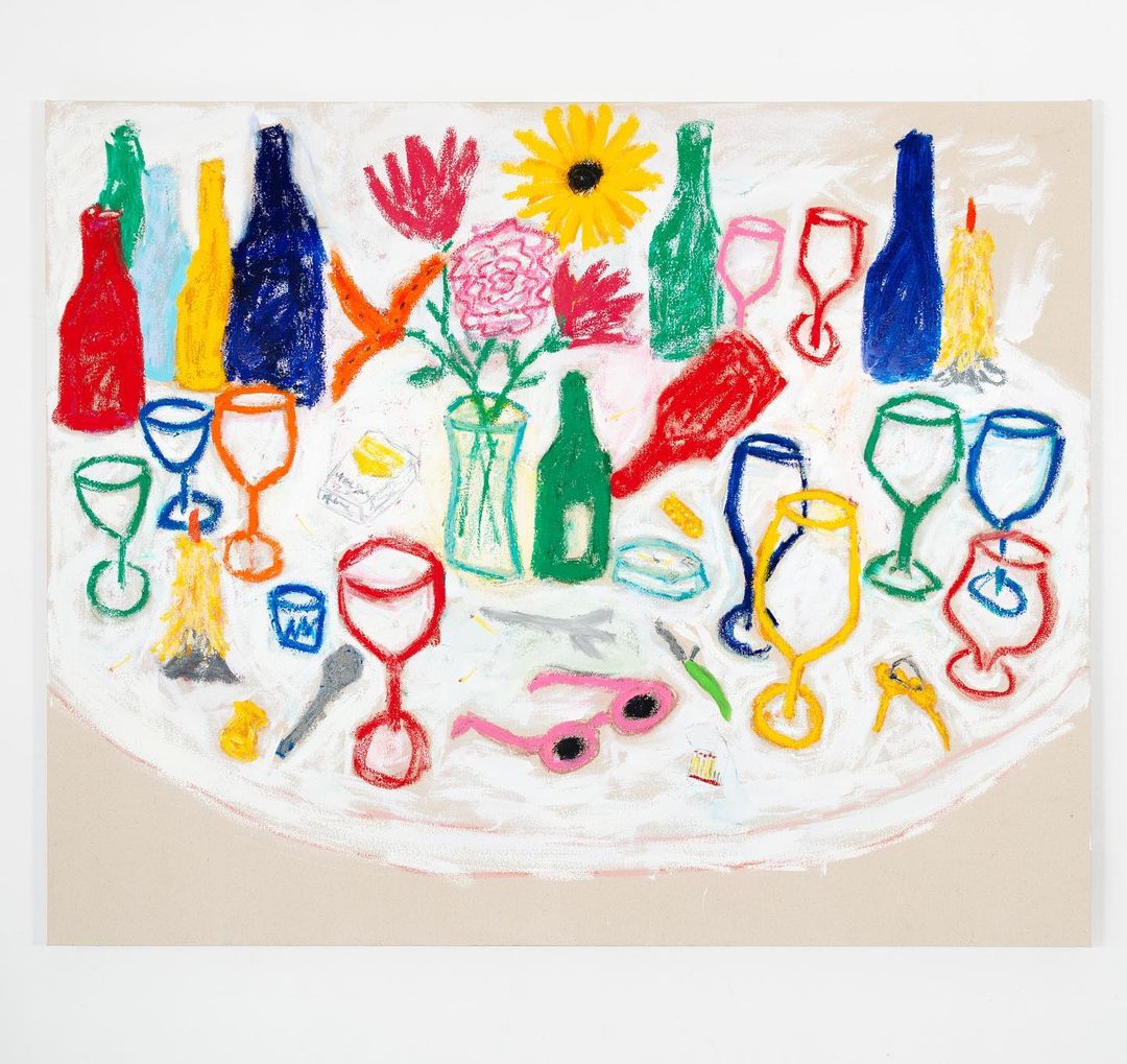 A still life in pastel featuring wine glasses and bottles roughly drawn in multiple vibrant colors.