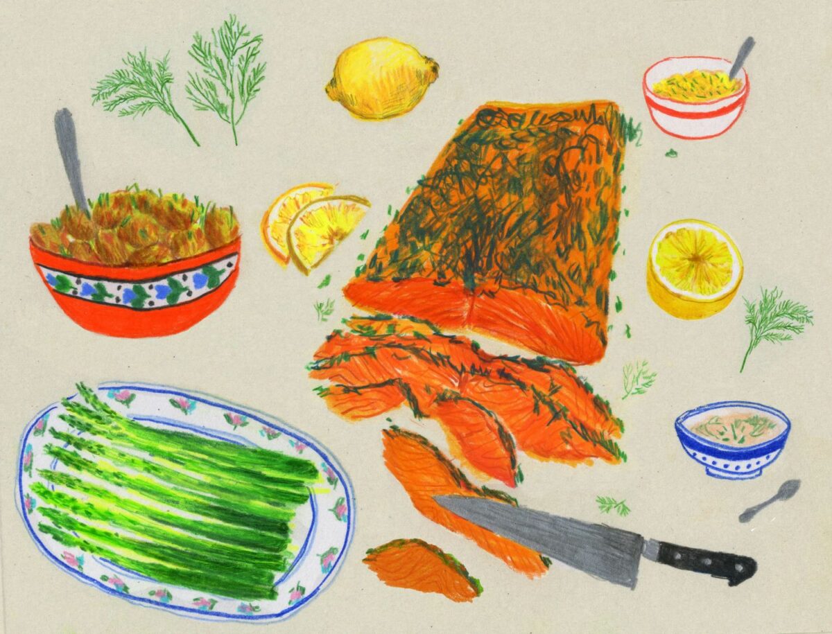 Illustration of asparagus and salmon by Maggie Cowles
