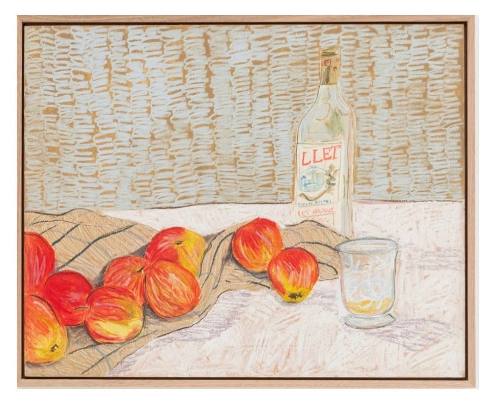Oil pastel painting of fruit and wine.