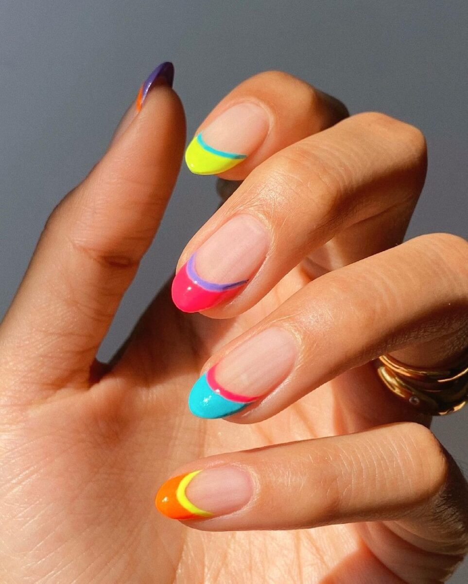 Nails with neon striped tips | Multicolor Nail Ideas