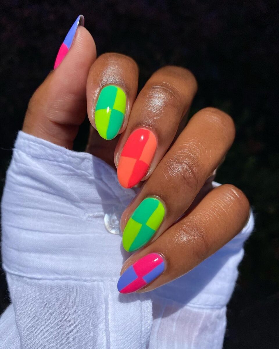 Neon checkerboard designs on long nails | Multicolor Nail Ideas