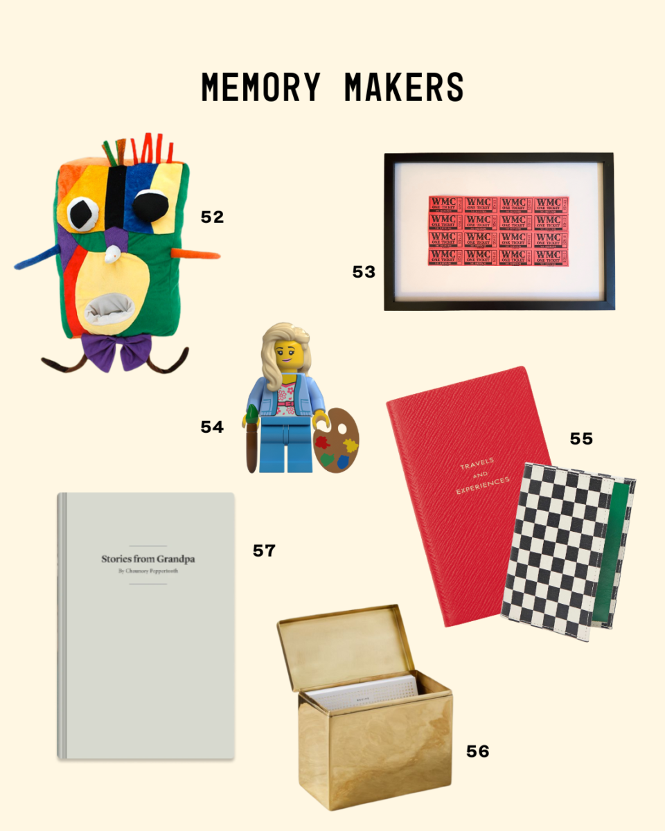 Collection of keepsake-oriented gifts—a colorful plush creature, framed ticket artwork, LEGO-style artist figure, travel journals, brass recipe box, and a “Stories from Grandpa” book—shown under the title “Memory Makers.”