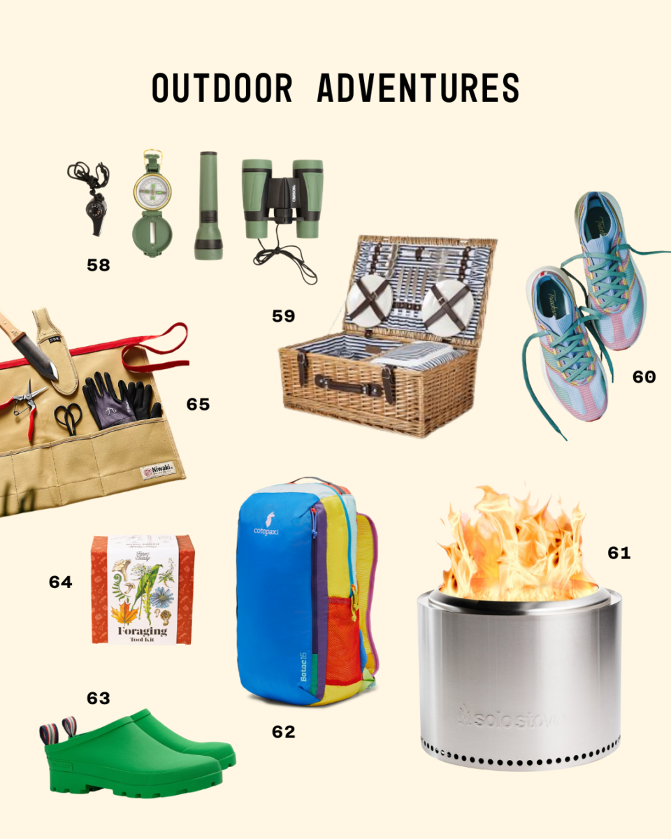 Outdoor adventure items arranged on a light background, including a compass, flashlight, binoculars, wicker picnic basket, colorful running shoes, compact fire pit, bright Cotopaxi backpack, green waterproof clogs, foraging kit, and a canvas gardening tool roll.