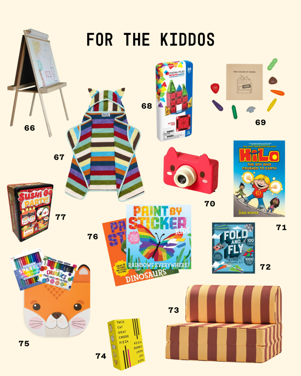 Playful children’s gifts on a cream background, including an art easel, striped hooded towel, magnetic tiles, wooden farm set with tiny veggies, red toy camera, children’s books, fold-and-fly paper kit, blocky striped play sofa, animal-face clipboard, paint-by-sticker books, chunky crayons, and family card games.