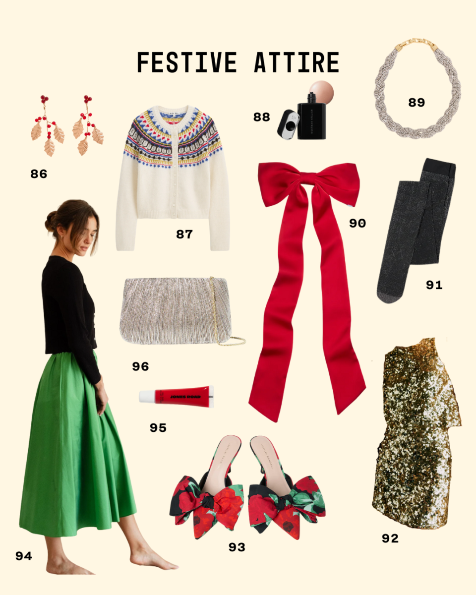 Festive fashion items arranged on a cream background, including berry earrings, a colorful fair isle cardigan, gold and silver jewelry, sparkly tights, a bold red bow, red lip gloss, glittering clutch, floral bow heels, green midi skirt, and a gold sequin dress.