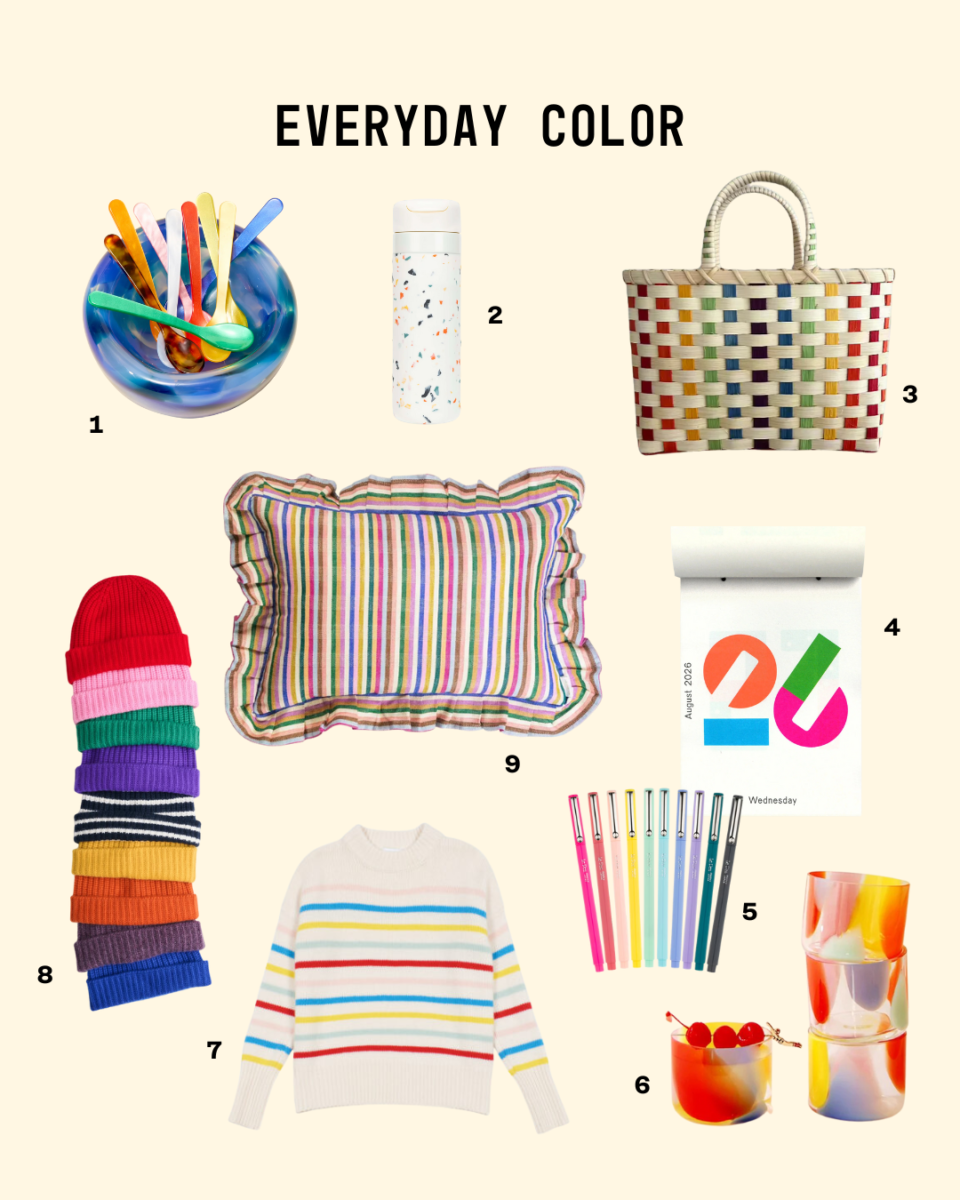 Selection of brightly colored everyday items—striped pillow, rainbow tumblers, terrazzo bottle, striped sweater, colorful pens, stacked beanies, woven tote, bold calendar—arranged on a light background under the title “Everyday Color.”