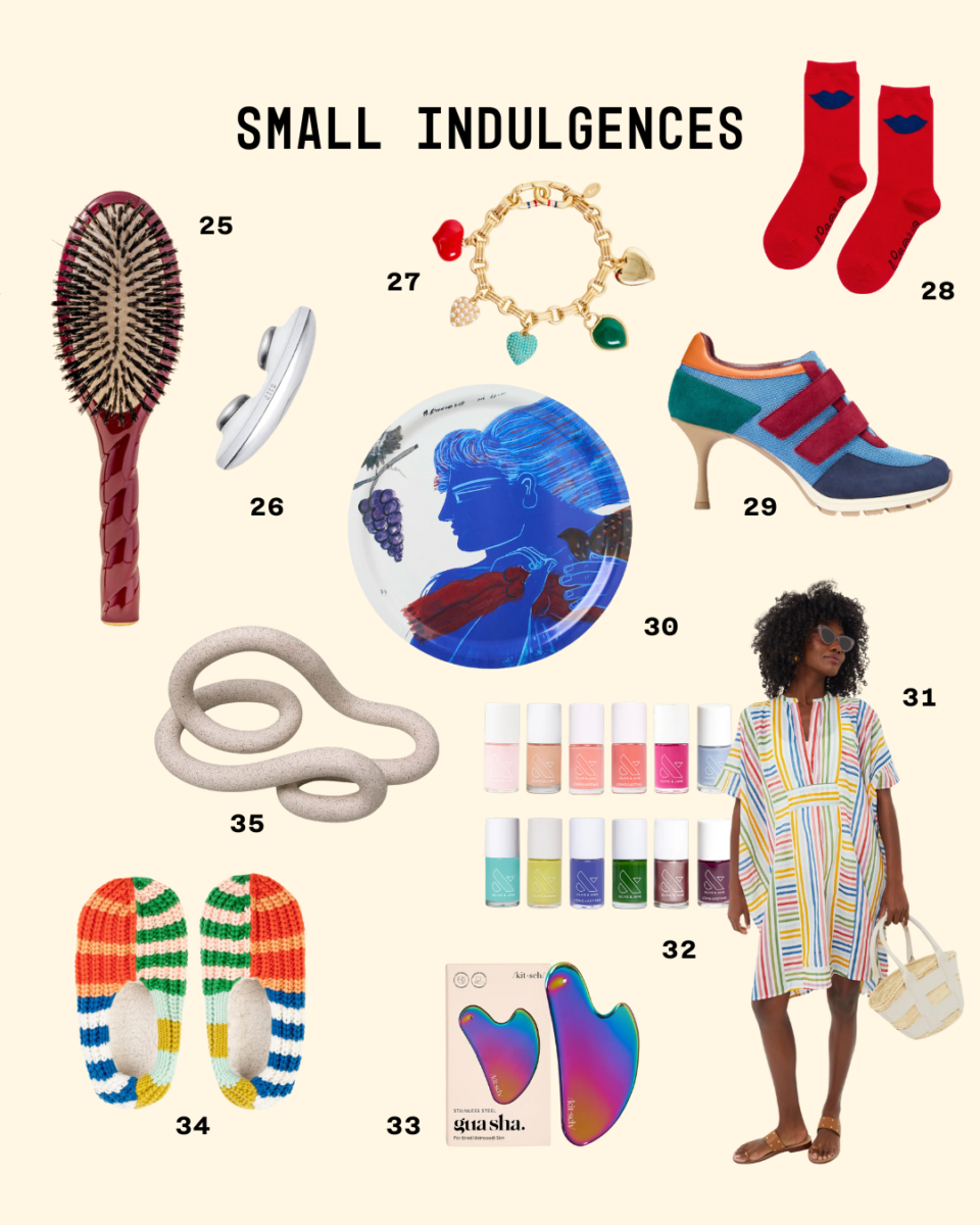 Collection of small luxury treats including a boar-bristle brush, facial tool, charm bracelet, red socks, colorful heels, artful plate, nail polish lineup, gua sha tool, striped dress, sculptural stone object, and rainbow knit slippers under the title “Small Indulgences.”