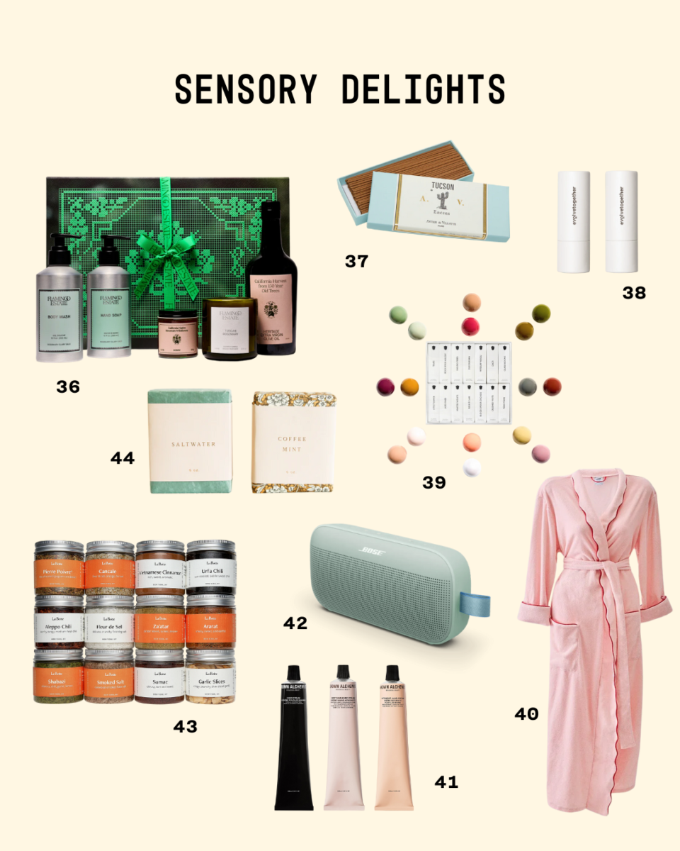 Group of sensory-focused gifts—bath and body products, incense, aromatherapy sticks, fragrance sampler, pink robe, hand creams, portable speaker, specialty spices, and artisan soaps—shown under the title “Sensory Delights.”
