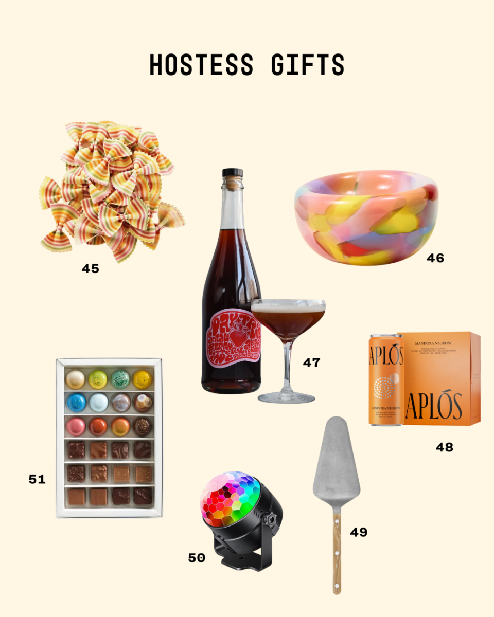 Selection of colorful hostess gifts including striped pasta, multicolor resin bowl, specialty aperitif, canned cocktail, disco light, pie server, and artisanal chocolate box under the title “Hostess Gifts.”